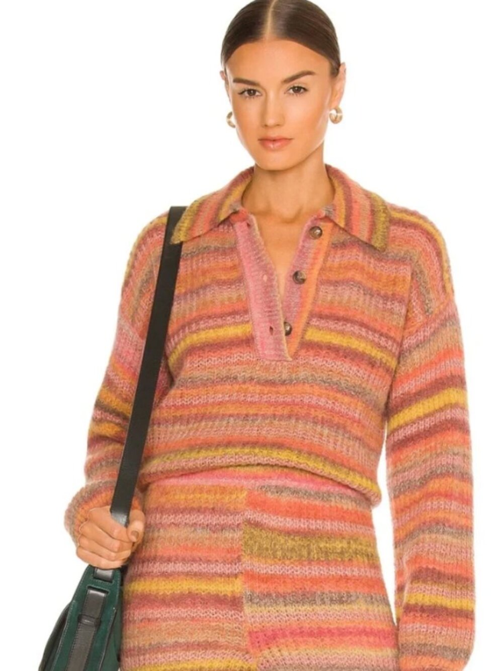 Something Navy Polo Sweater Pink Brown Striped Knit Wool Alpaca Mohair Size XS - Picture 2 of 5